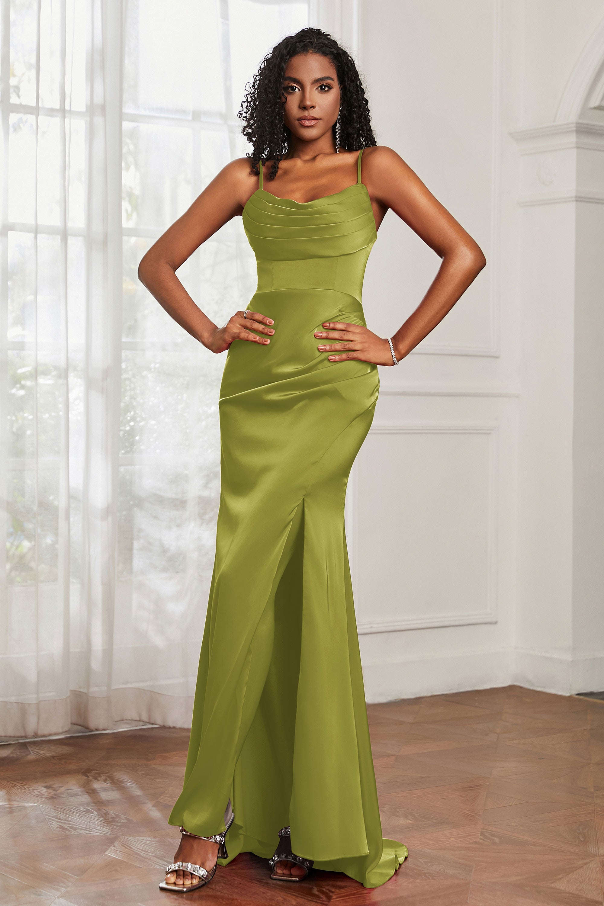 Spaghetti Straps Satin Mermaid Formal Evening Dresses with Slit Prom Party Bridesmaid Gowns