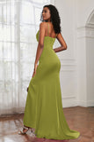 Spaghetti Straps Satin Mermaid Formal Evening Dresses with Slit Prom Party Bridesmaid Gowns