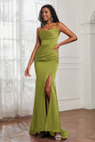 Spaghetti Straps Satin Mermaid Formal Evening Dresses with Slit Prom Party Bridesmaid Gowns