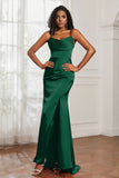 Spaghetti Straps Satin Mermaid Formal Evening Dresses with Slit Prom Party Bridesmaid Gowns