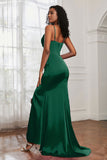 Spaghetti Straps Satin Mermaid Formal Evening Dresses with Slit Prom Party Bridesmaid Gowns