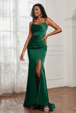 Spaghetti Straps Satin Mermaid Formal Evening Dresses with Slit Prom Party Bridesmaid Gowns