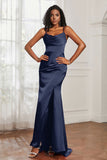Spaghetti Straps Satin Mermaid Formal Evening Dresses with Slit Prom Party Bridesmaid Gowns