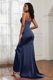 Spaghetti Straps Satin Mermaid Formal Evening Dresses with Slit Prom Party Bridesmaid Gowns