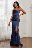 Spaghetti Straps Satin Mermaid Formal Evening Dresses with Slit Prom Party Bridesmaid Gowns