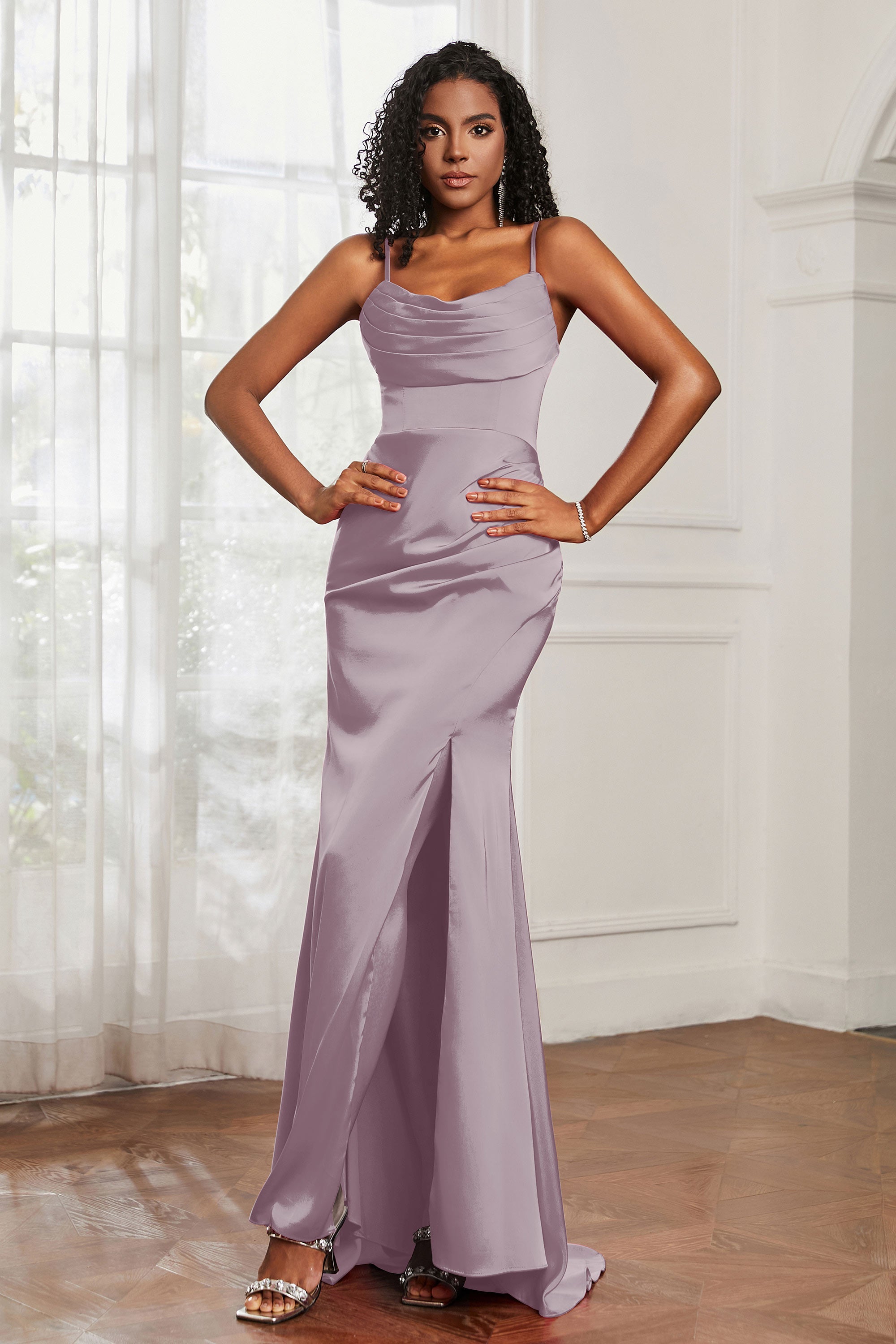 Spaghetti Straps Satin Mermaid Formal Evening Dresses with Slit Prom Party Bridesmaid Gowns