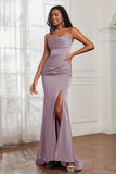 Spaghetti Straps Satin Mermaid Formal Evening Dresses with Slit Prom Party Bridesmaid Gowns
