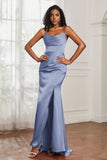 Spaghetti Straps Satin Mermaid Formal Evening Dresses with Slit Prom Party Bridesmaid Gowns