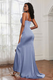 Spaghetti Straps Satin Mermaid Formal Evening Dresses with Slit Prom Party Bridesmaid Gowns