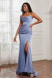 Spaghetti Straps Satin Mermaid Formal Evening Dresses with Slit Prom Party Bridesmaid Gowns
