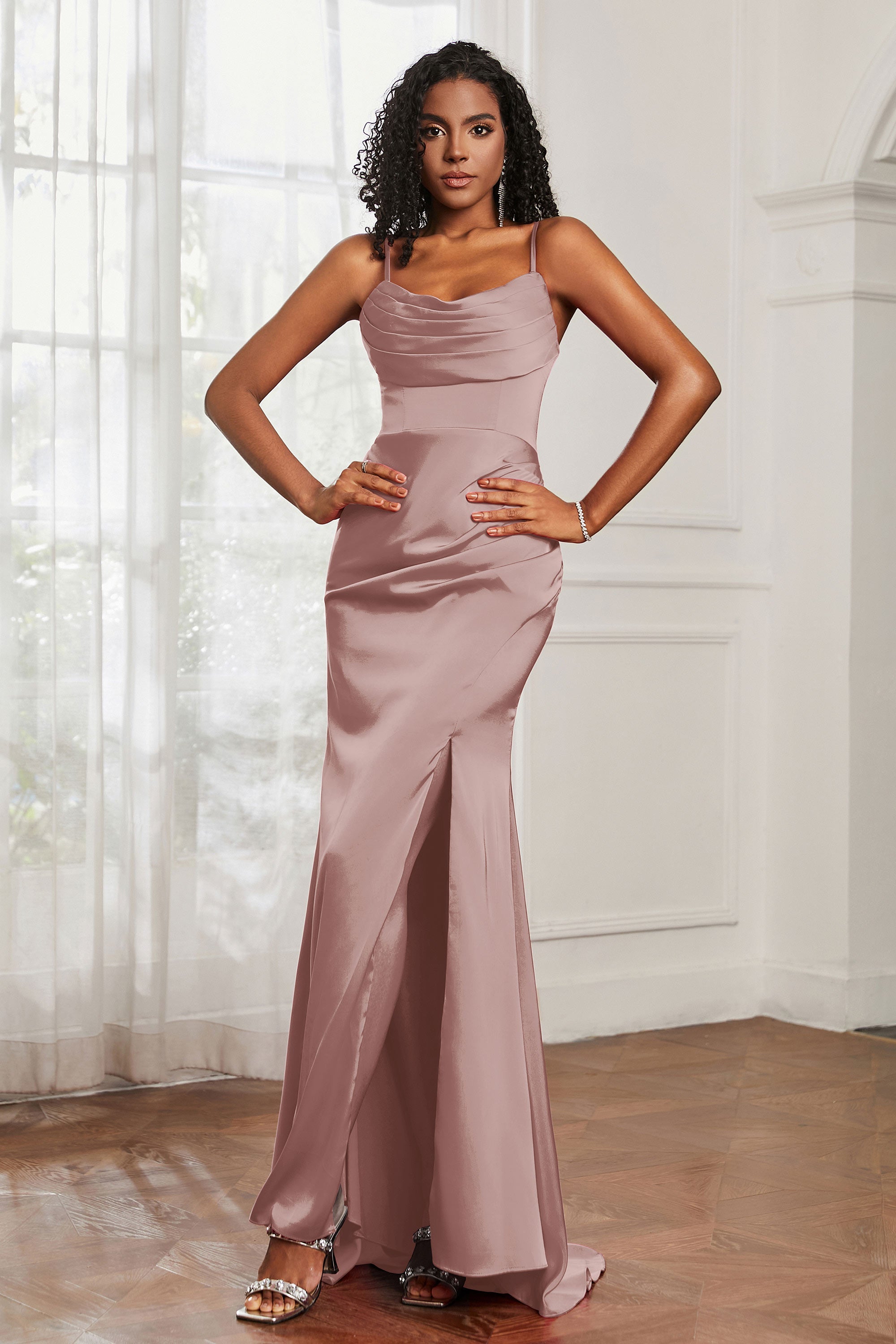 Spaghetti Straps Satin Mermaid Formal Evening Dresses with Slit Prom Party Bridesmaid Gowns