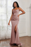 Spaghetti Straps Satin Mermaid Formal Evening Dresses with Slit Prom Party Bridesmaid Gowns