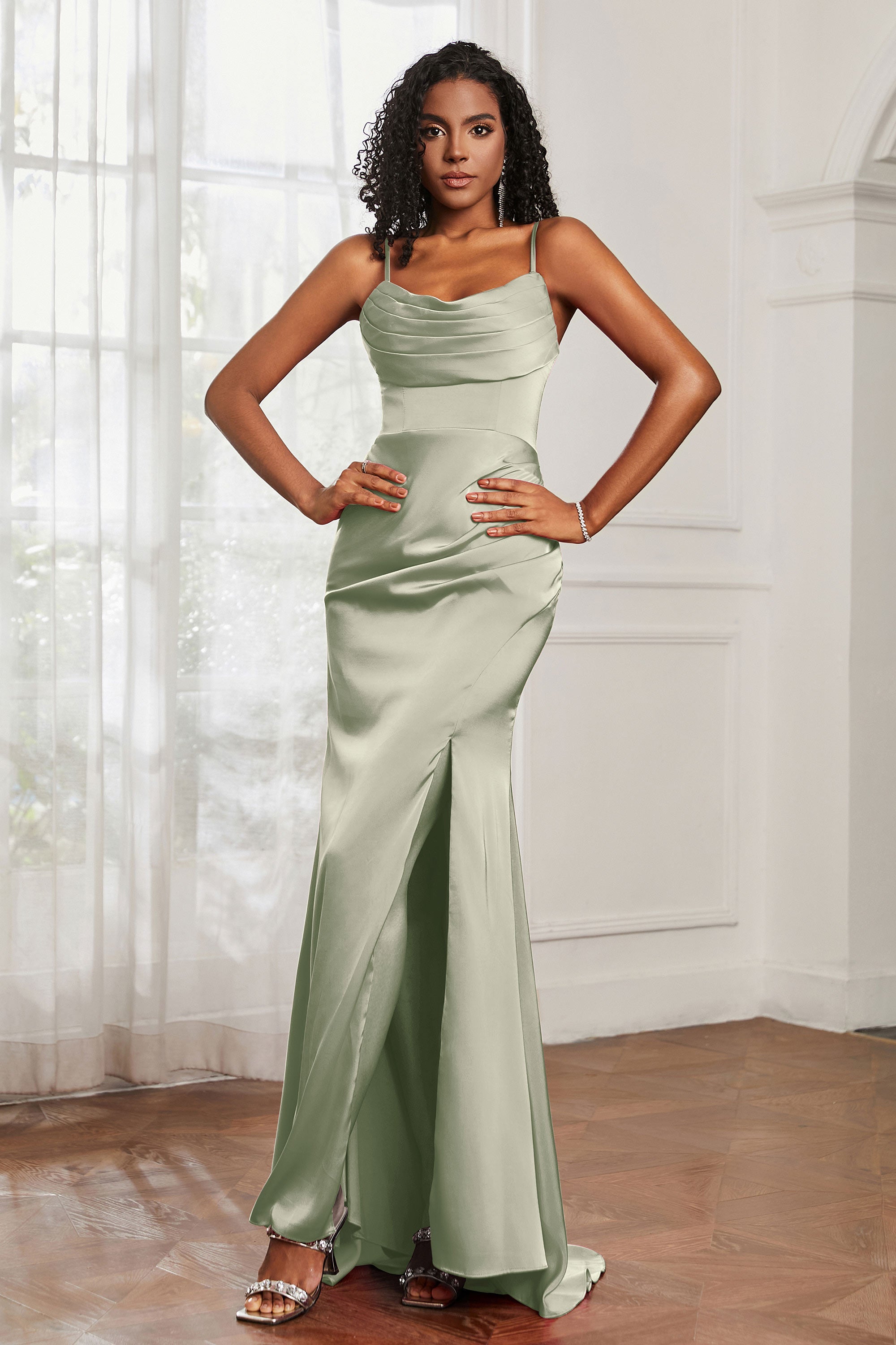 Spaghetti Straps Satin Mermaid Formal Evening Dresses with Slit Prom Party Bridesmaid Gowns