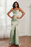 Spaghetti Straps Satin Mermaid Formal Evening Dresses with Slit Prom Party Bridesmaid Gowns