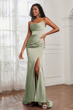 Spaghetti Straps Satin Mermaid Formal Evening Dresses with Slit Prom Party Bridesmaid Gowns