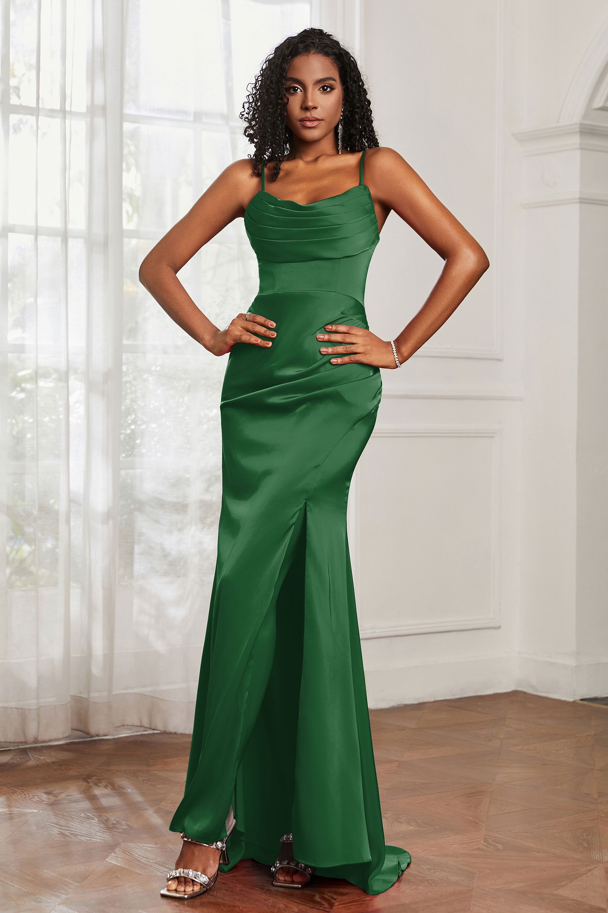 Spaghetti Straps Satin Mermaid Formal Evening Dresses with Slit Prom Party Bridesmaid Gowns