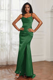 Spaghetti Straps Satin Mermaid Formal Evening Dresses with Slit Prom Party Bridesmaid Gowns