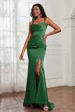 Spaghetti Straps Satin Mermaid Formal Evening Dresses with Slit Prom Party Bridesmaid Gowns