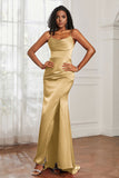 Spaghetti Straps Satin Mermaid Formal Evening Dresses with Slit Prom Party Bridesmaid Gowns