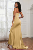 Spaghetti Straps Satin Mermaid Formal Evening Dresses with Slit Prom Party Bridesmaid Gowns