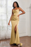Spaghetti Straps Satin Mermaid Formal Evening Dresses with Slit Prom Party Bridesmaid Gowns