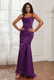 Spaghetti Straps Satin Mermaid Formal Evening Dresses with Slit Prom Party Bridesmaid Gowns