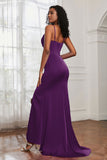 Spaghetti Straps Satin Mermaid Formal Evening Dresses with Slit Prom Party Bridesmaid Gowns