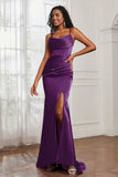 Spaghetti Straps Satin Mermaid Formal Evening Dresses with Slit Prom Party Bridesmaid Gowns