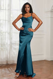 Spaghetti Straps Satin Mermaid Formal Evening Dresses with Slit Prom Party Bridesmaid Gowns
