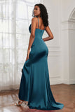 Spaghetti Straps Satin Mermaid Formal Evening Dresses with Slit Prom Party Bridesmaid Gowns