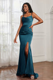 Spaghetti Straps Satin Mermaid Formal Evening Dresses with Slit Prom Party Bridesmaid Gowns
