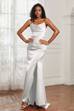Spaghetti Straps Satin Mermaid Formal Evening Dresses with Slit Prom Party Bridesmaid Gowns
