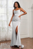 Spaghetti Straps Satin Mermaid Formal Evening Dresses with Slit Prom Party Bridesmaid Gowns