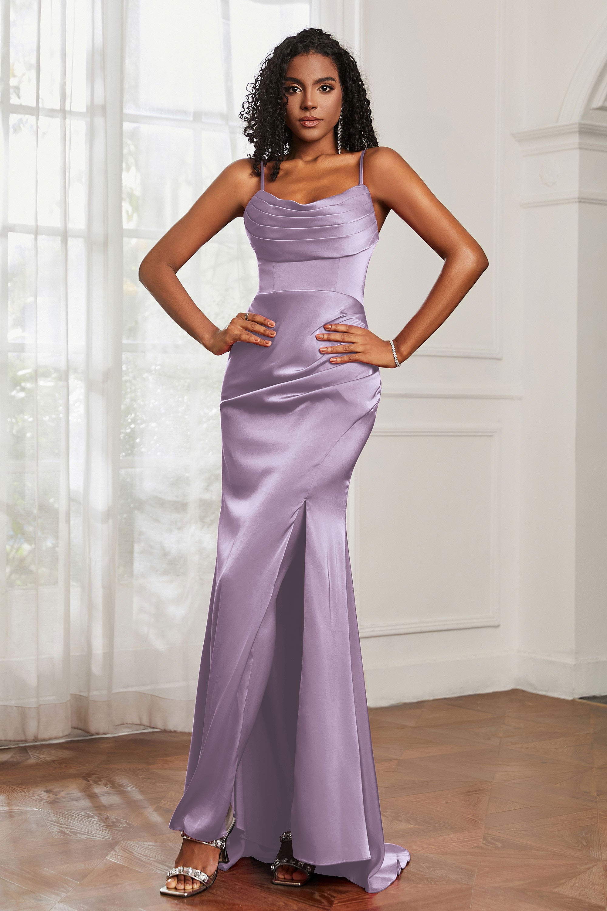 Spaghetti Straps Satin Mermaid Formal Evening Dresses with Slit Prom Party Bridesmaid Gowns