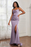 Spaghetti Straps Satin Mermaid Formal Evening Dresses with Slit Prom Party Bridesmaid Gowns