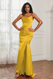 Spaghetti Straps Satin Mermaid Formal Evening Dresses with Slit Prom Party Bridesmaid Gowns