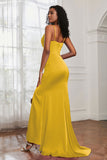 Spaghetti Straps Satin Mermaid Formal Evening Dresses with Slit Prom Party Bridesmaid Gowns