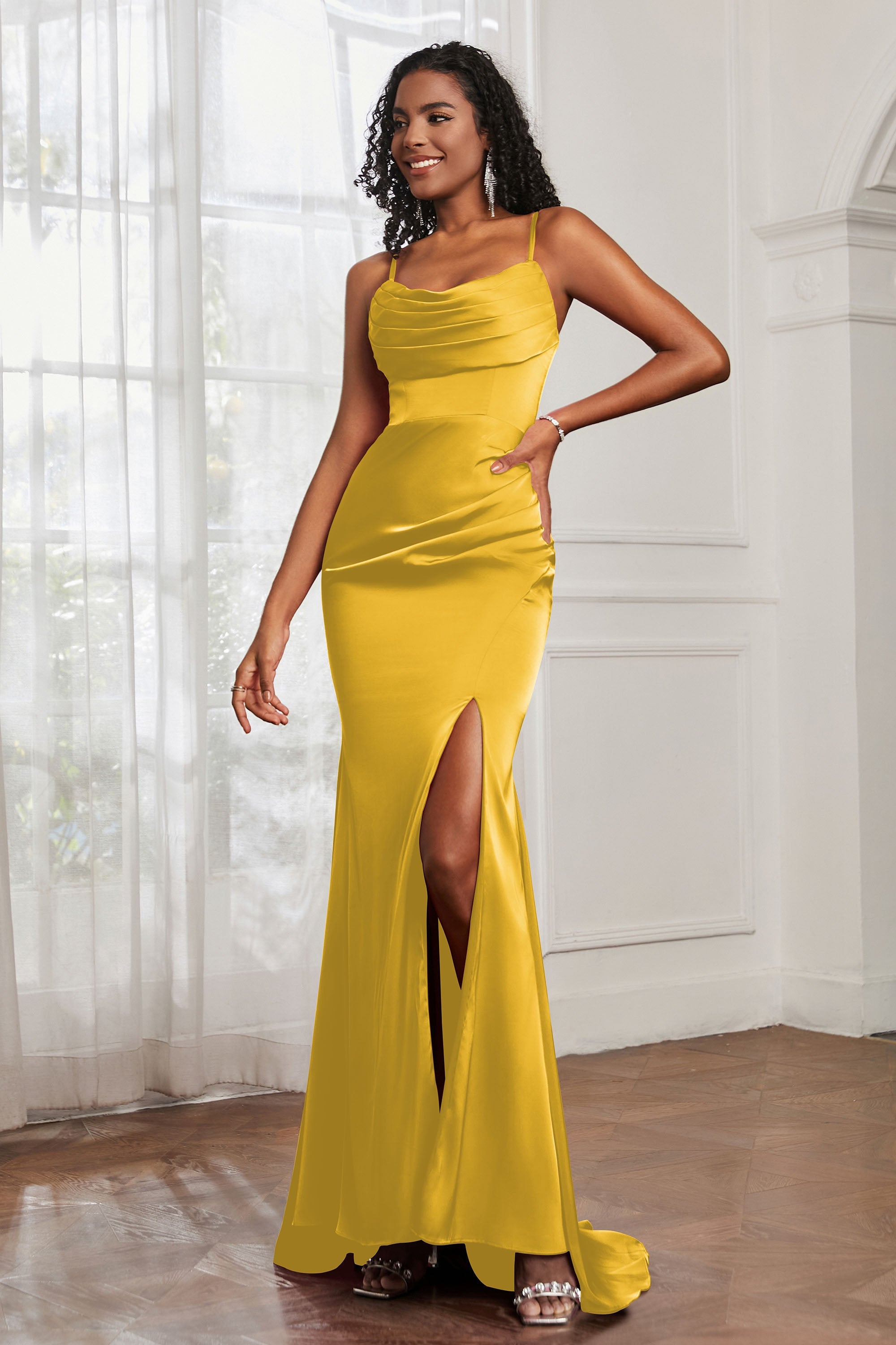 Spaghetti Straps Satin Mermaid Formal Evening Dresses with Slit Prom Party Bridesmaid Gowns
