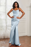 Spaghetti Straps Satin Mermaid Formal Evening Dresses with Slit Prom Party Bridesmaid Gowns