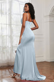 Spaghetti Straps Satin Mermaid Formal Evening Dresses with Slit Prom Party Bridesmaid Gowns