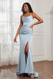 Spaghetti Straps Satin Mermaid Formal Evening Dresses with Slit Prom Party Bridesmaid Gowns