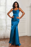 Spaghetti Straps Satin Mermaid Formal Evening Dresses with Slit Prom Party Bridesmaid Gowns