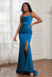 Spaghetti Straps Satin Mermaid Formal Evening Dresses with Slit Prom Party Bridesmaid Gowns