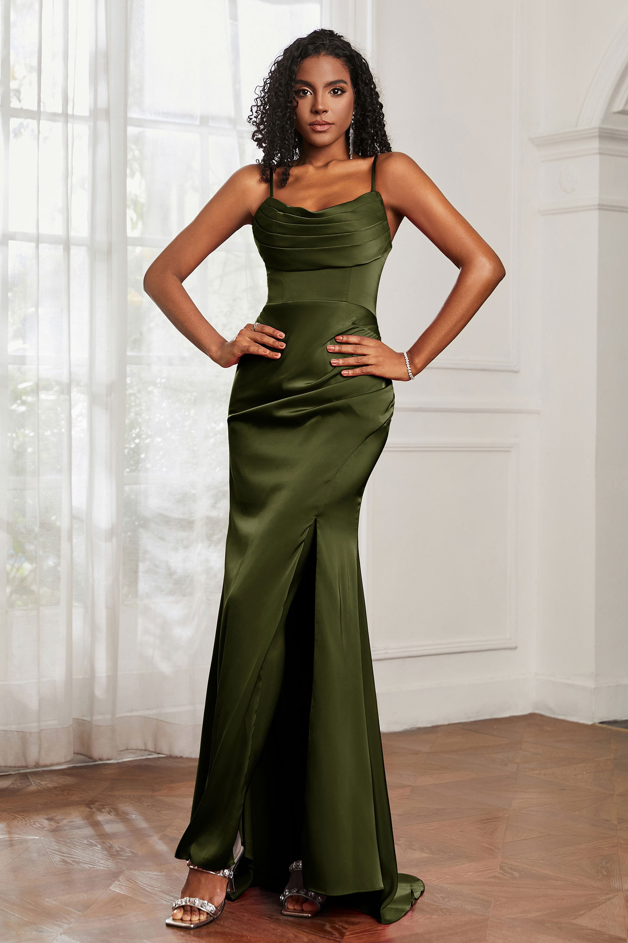 Spaghetti Straps Satin Mermaid Formal Evening Dresses with Slit Prom Party Bridesmaid Gowns