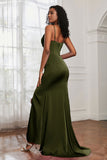 Spaghetti Straps Satin Mermaid Formal Evening Dresses with Slit Prom Party Bridesmaid Gowns