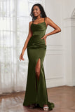 Spaghetti Straps Satin Mermaid Formal Evening Dresses with Slit Prom Party Bridesmaid Gowns