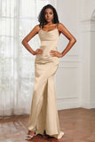 Spaghetti Straps Satin Mermaid Formal Evening Dresses with Slit Prom Party Bridesmaid Gowns