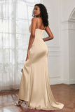 Spaghetti Straps Satin Mermaid Formal Evening Dresses with Slit Prom Party Bridesmaid Gowns