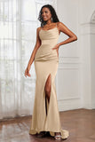 Spaghetti Straps Satin Mermaid Formal Evening Dresses with Slit Prom Party Bridesmaid Gowns