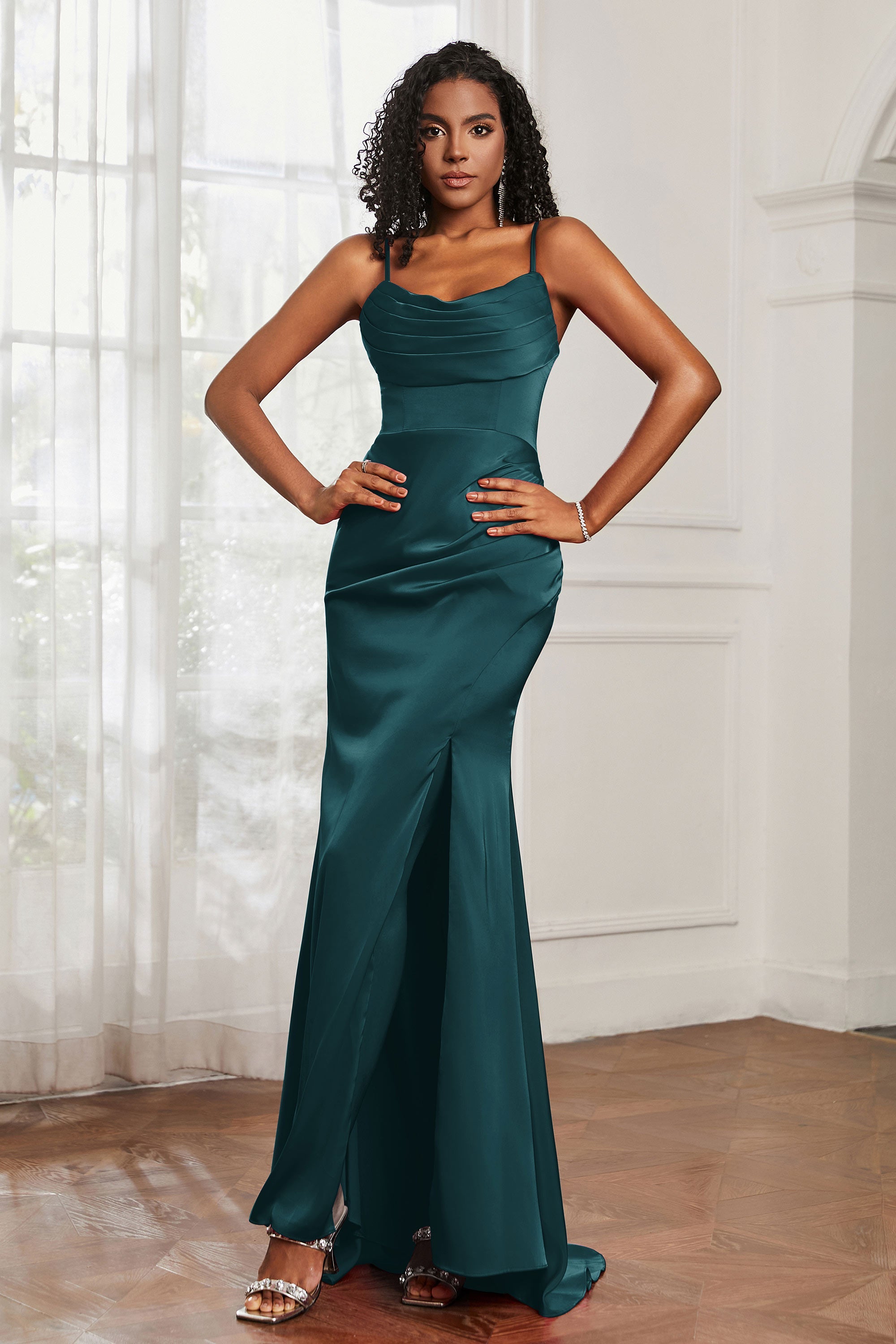 Spaghetti Straps Satin Mermaid Formal Evening Dresses with Slit Prom Party Bridesmaid Gowns